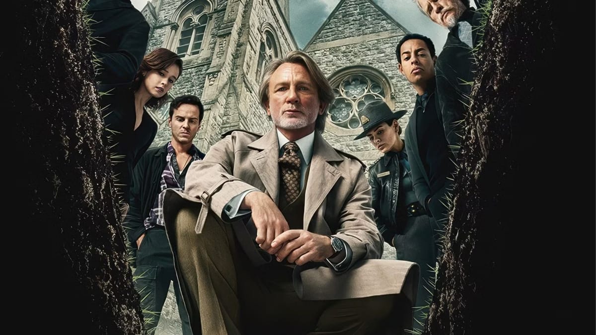 a promotional photo of the cast of Wake Up Dead Man. 